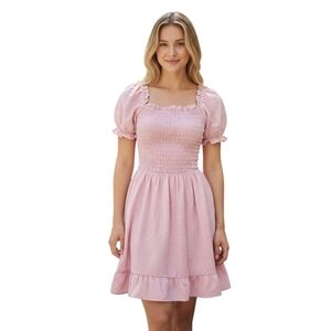 Monteau Los Angeles Dress Womens Med Pink Tired Ruffle Hem Smocked Puff Sleeves